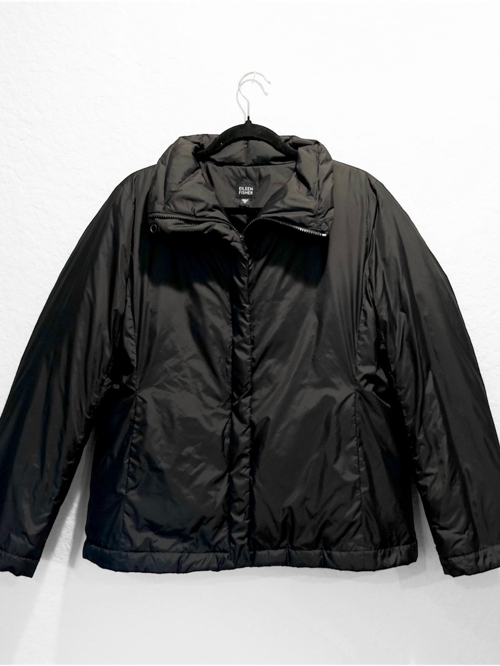 Eileen Fisher Down Insulated Jacket Size M Black High Stand Collar Zip Designer